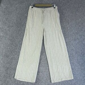 Skies Are Blue Womens Pants Large Linen Blend Striped Wide Leg Beige Casual